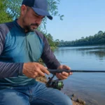 Pescador brasileiro encaixando o molinete na vara às margens de um rio de água doce