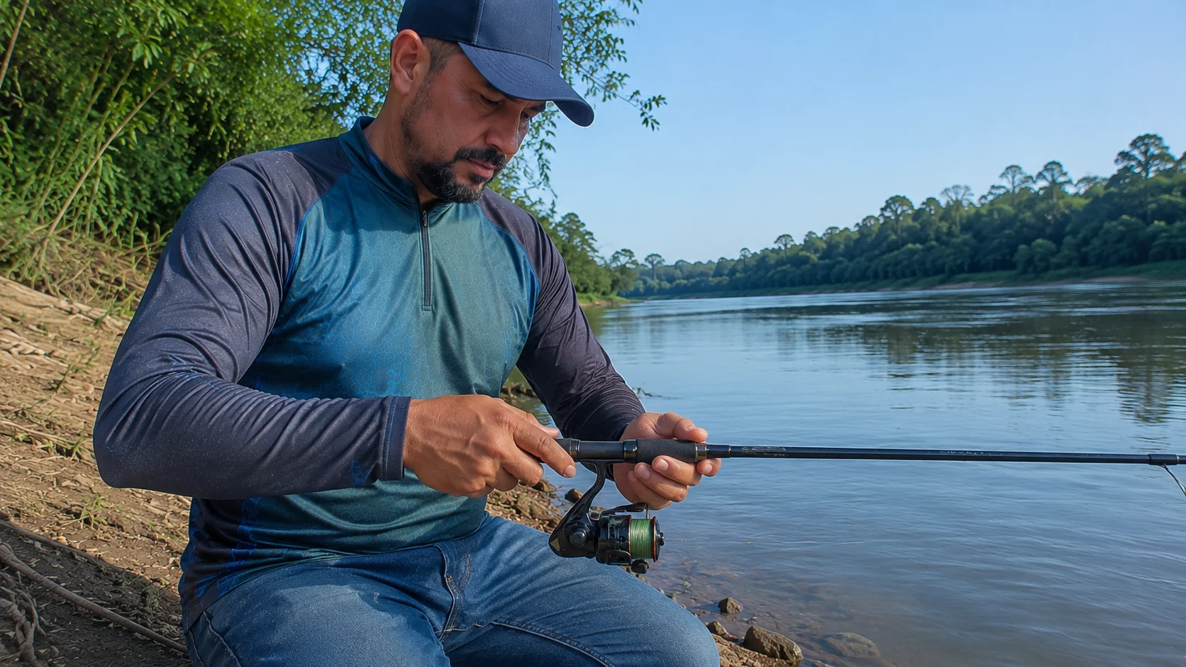 Pescador brasileiro encaixando o molinete na vara às margens de um rio de água doce