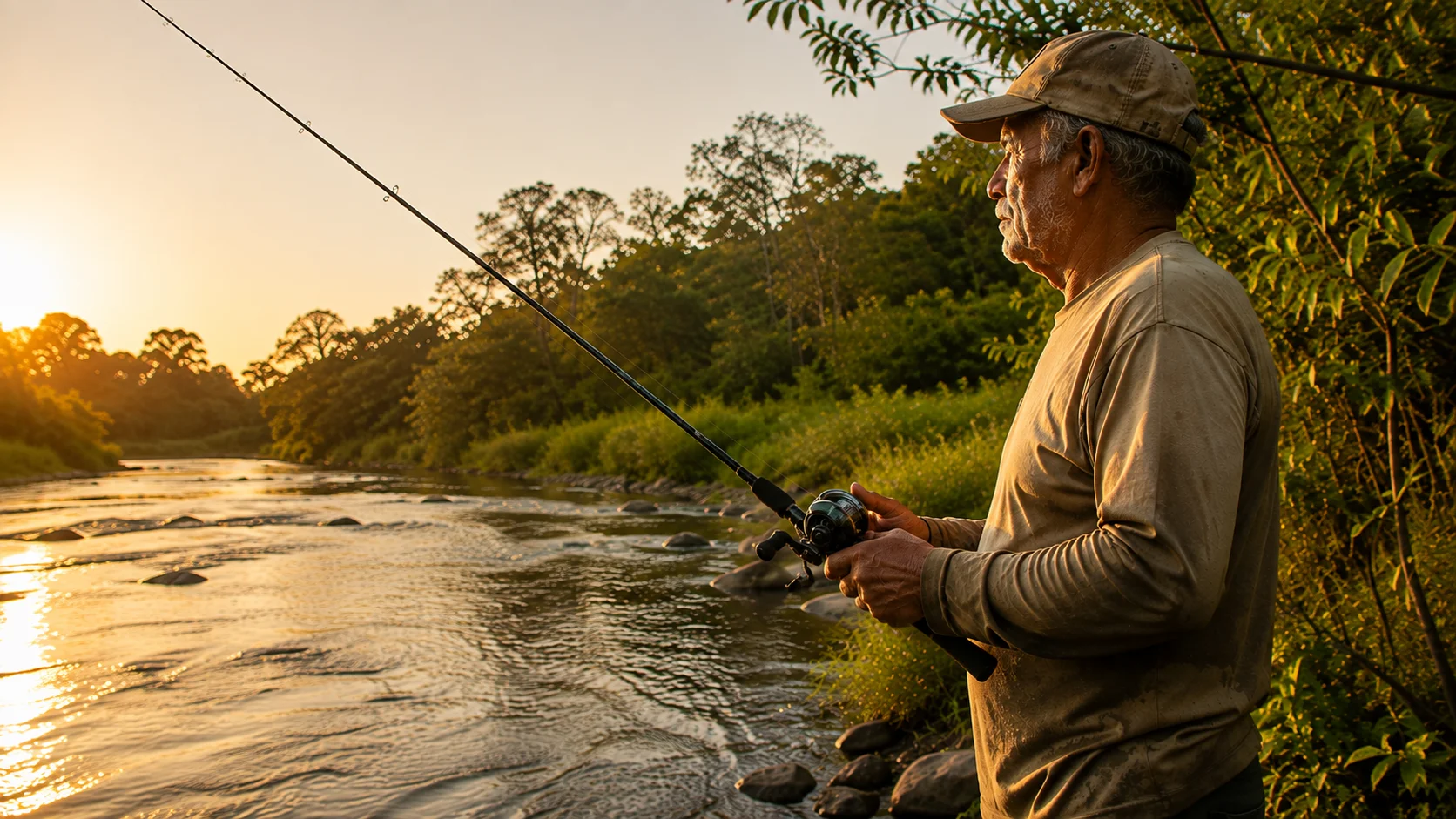 Pescador segurando vara de pesca com carretilha às margens de um rio de água doce
