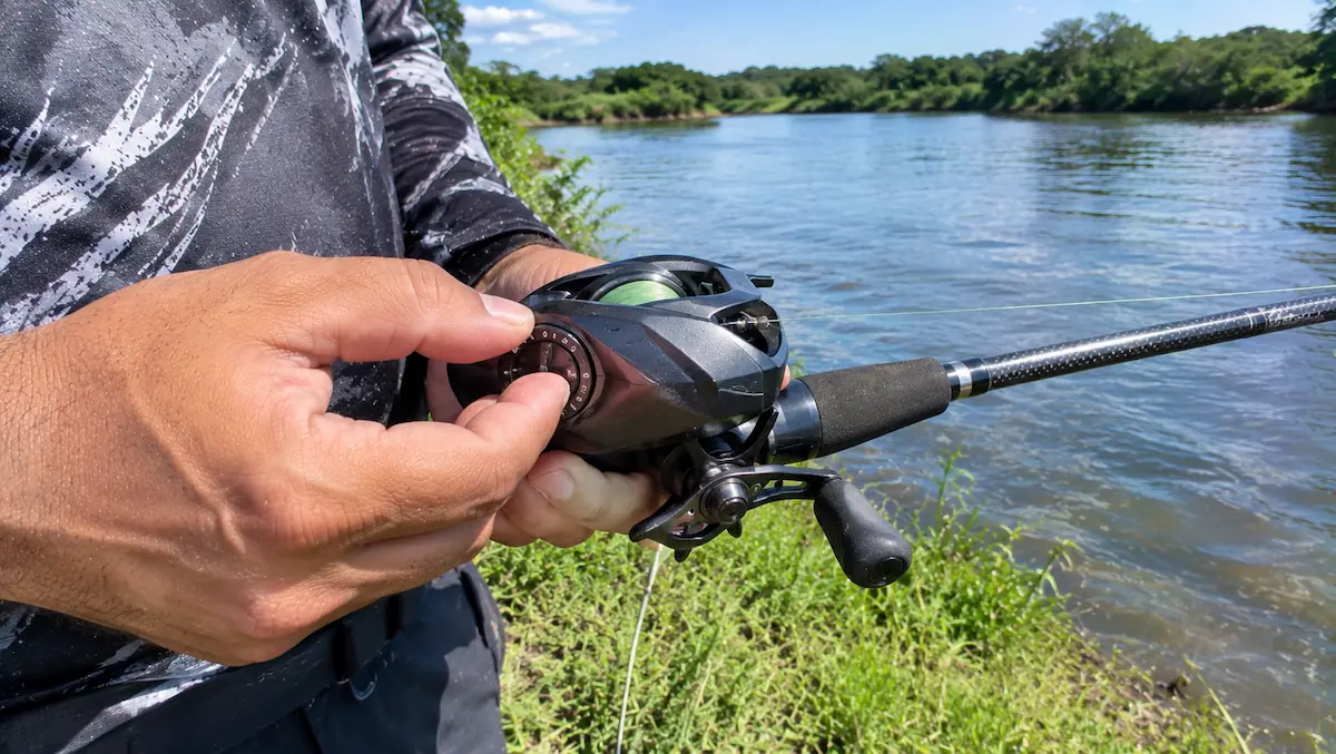 Como regular carretilha de pesca: dedo girando o dial do freio magnético na lateral do carretel