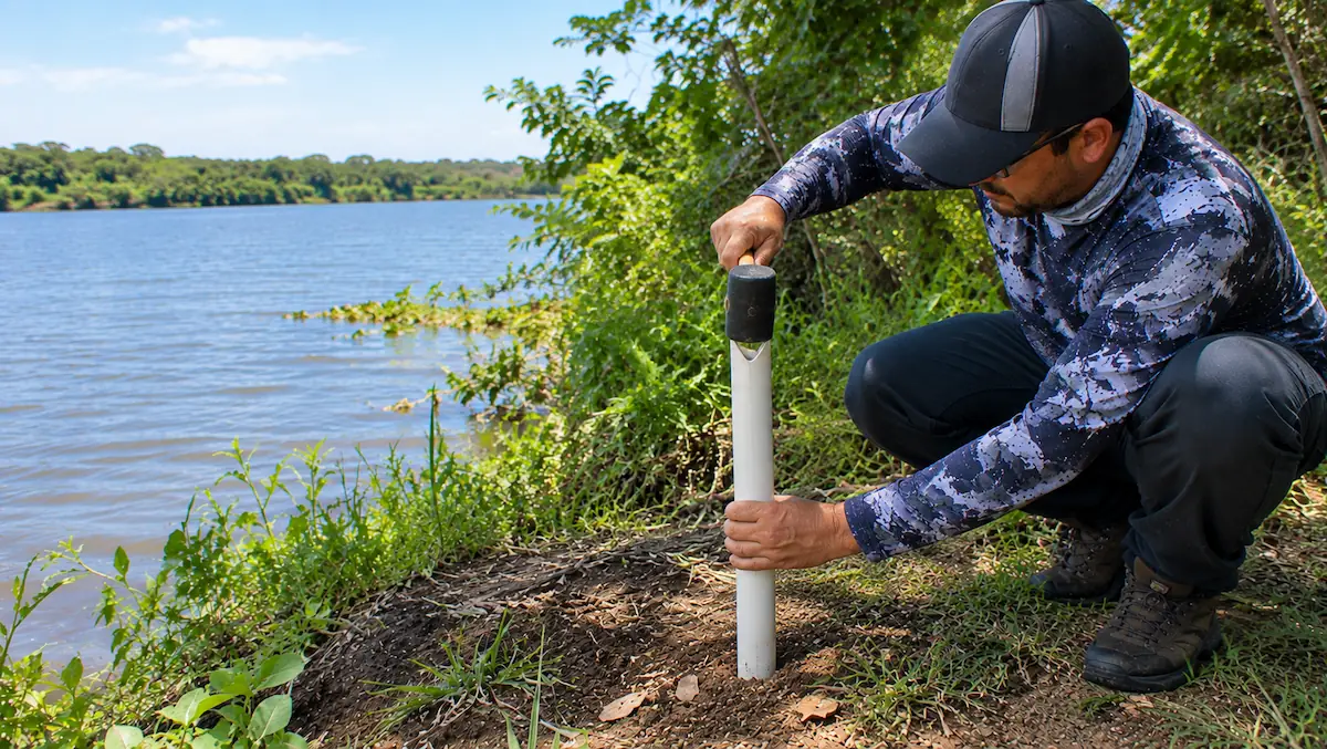 Como fazer suporte para vara de pesca: suporte de PVC fincado na margem segurando a vara