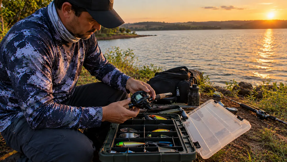 Pescador guardando a carretilha com a linha nova já passada dentro da caixa de pesca