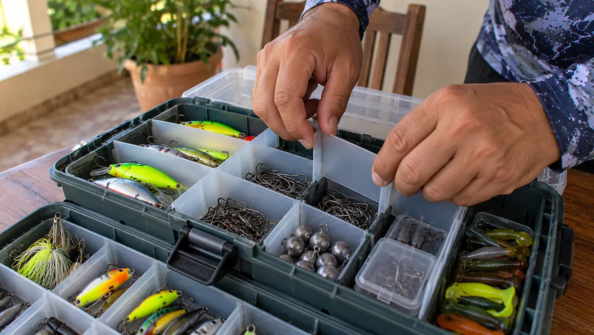 Mãos ajustando uma divisória plástica dentro da bandeja de uma caixa de pesca aberta