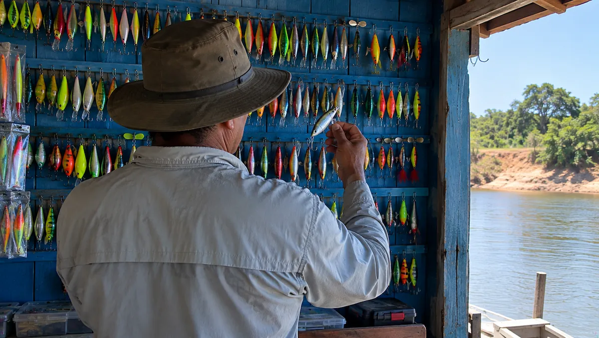 Qual a melhor isca artificial para dourado: pescador escolhendo iscas na parede de uma loja de pesca à beira do rio