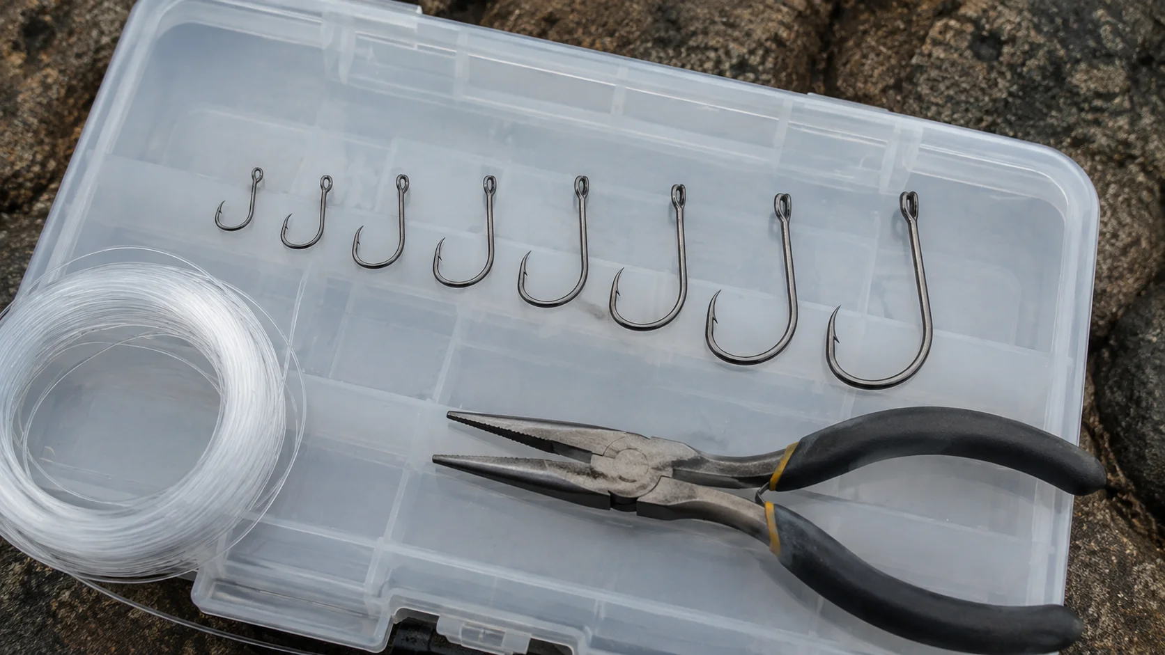 Tamanho de anzol comparado: anzóis de numerações diferentes enfileirados sobre a tampa da caixa de pesca