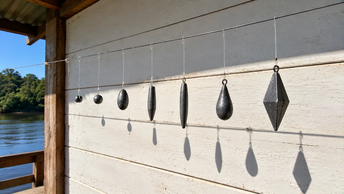 Chumbada de pesca em sete formatos, da oliva à pirâmide, pendurada por linhas num varal de arame com as sombras projetadas numa parede de tábua