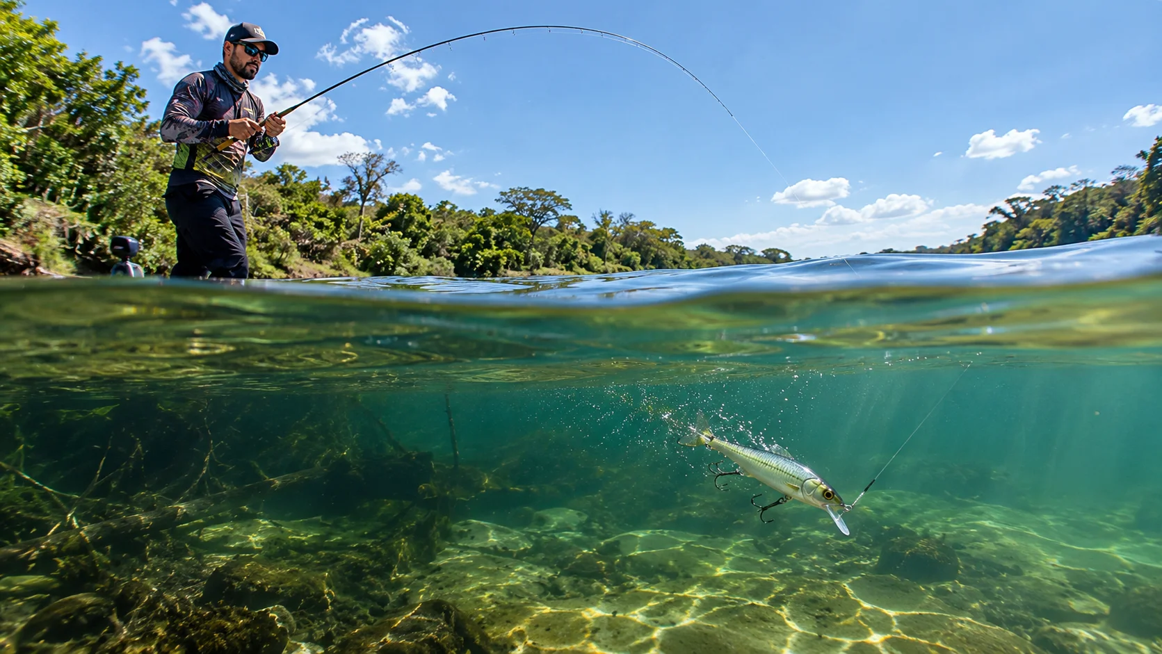 Como pescar com isca artificial: foto dividida mostrando a isca abaixo da superfície e o pescador acima da linha d'água