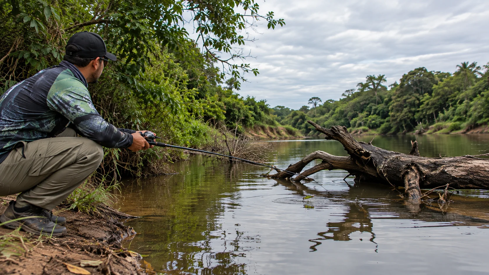 Pescador fazendo pitching com carretilha ao lado de um tronco caído na margem de um rio de água doce