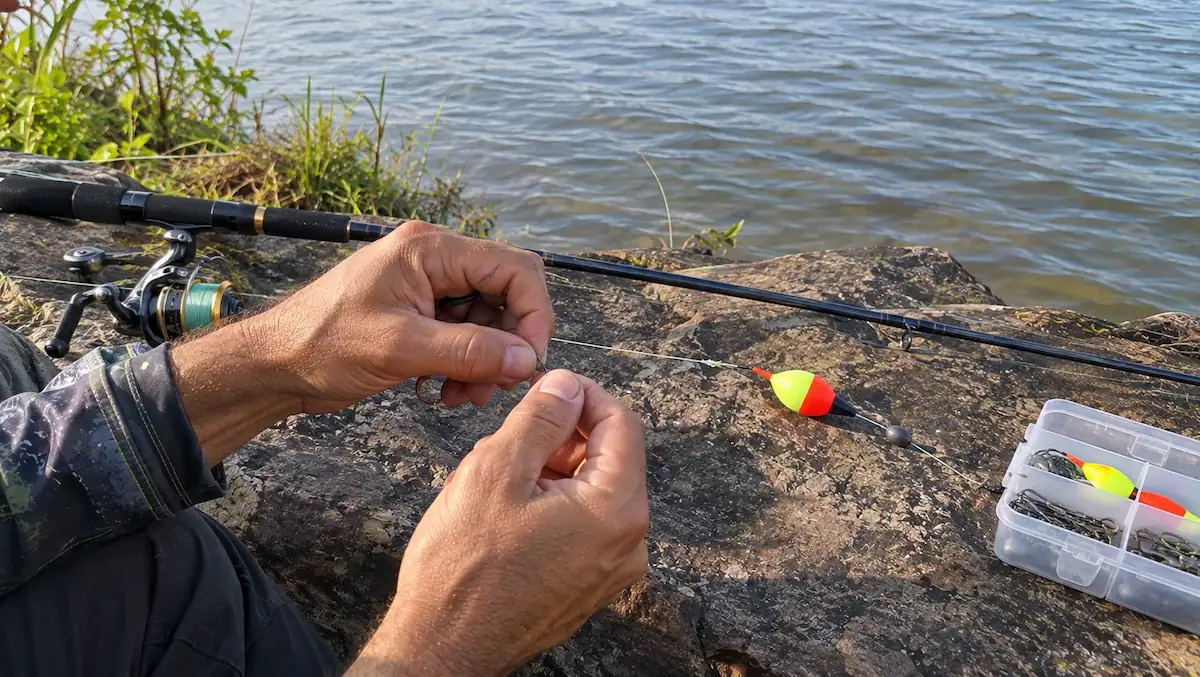 Como montar vara de pesca com boia: mãos prendendo a boia e o anzol na linha