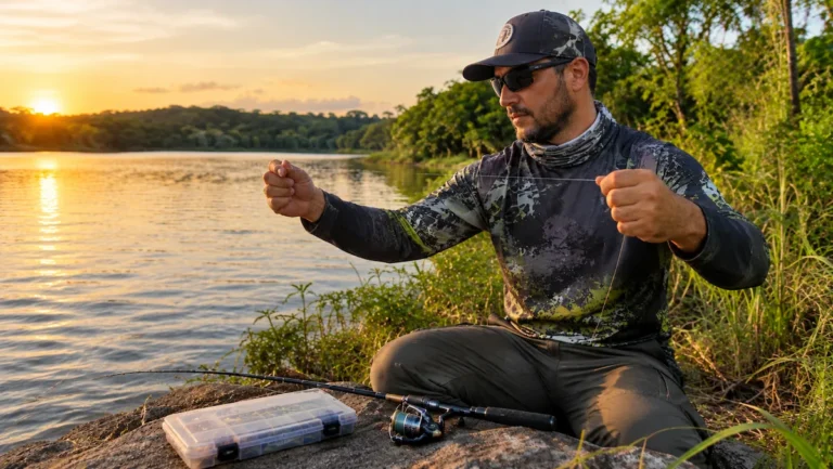 Pescador conferindo a resistência da linha de pesca na beira de um rio de água doce
