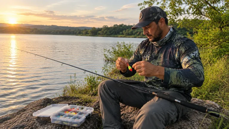 Pescador montando vara de pesca com boia na margem de um lago de água doce