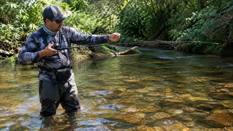 Pescador testando a resistência do freio estrela da carretilha em riacho de água doce raso
