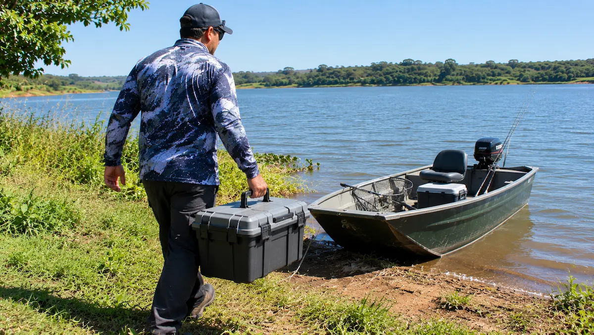 Qual a melhor caixa de pesca: pescador carregando uma caixa grande pela alça até o barco na margem