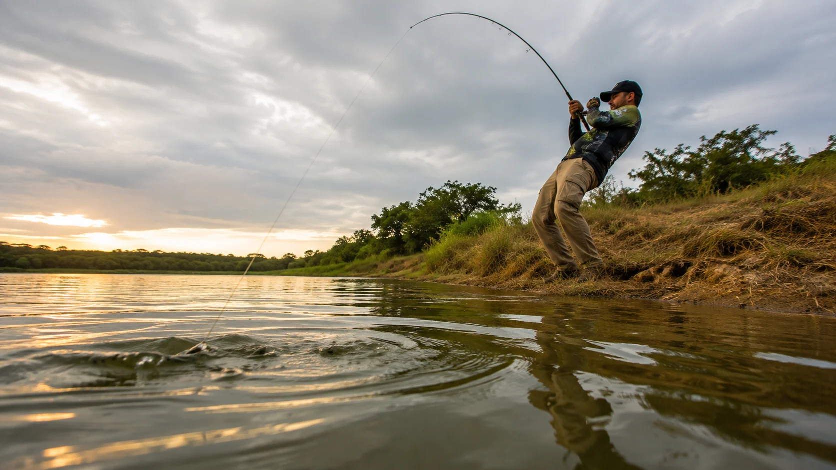 Vara com carretilha arqueada na briga com o peixe, vista rente à água
