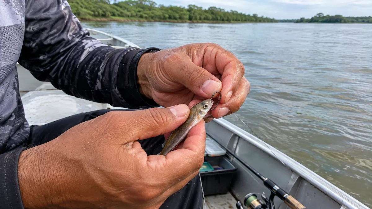 Tuvira viva sendo colocada no anzol para pescar dourado dentro de uma canoa