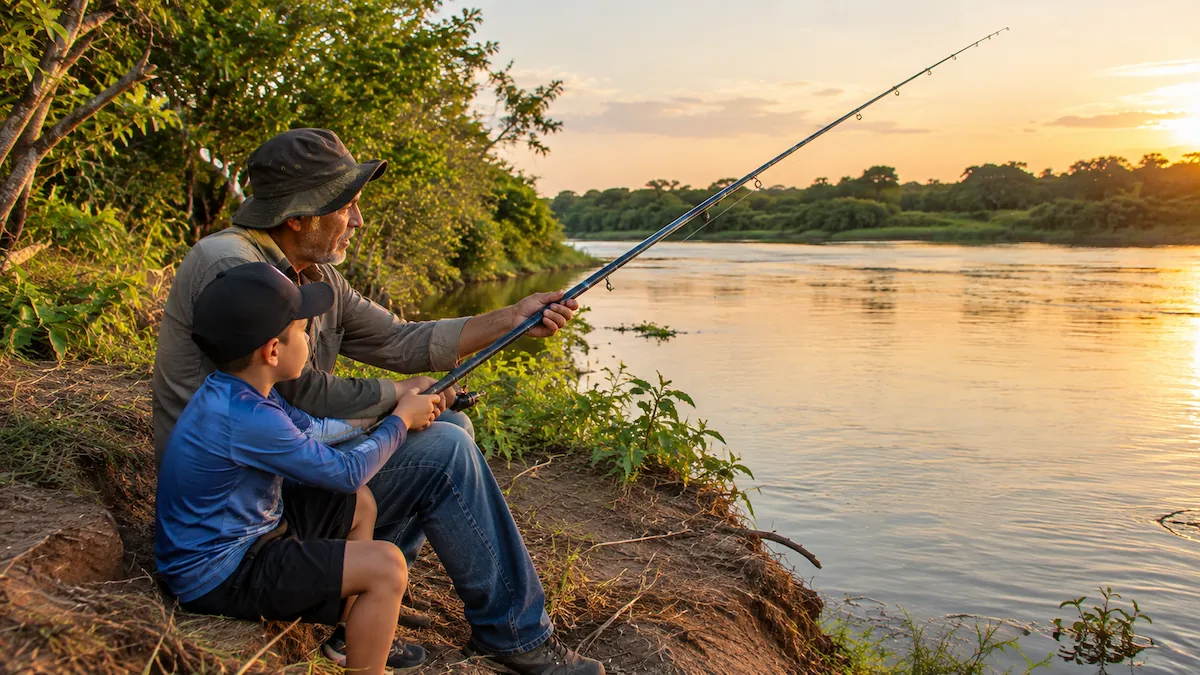 Avô e neto sentados num barranco estendendo juntos uma vara de pesca telescópica