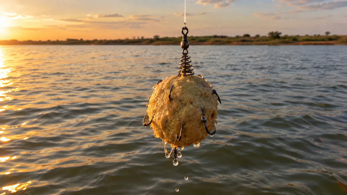 Chuveirinho de pesca com massa modelada na mola e anzóis semi-expostos pendurado na ponta da linha sobre a represa
