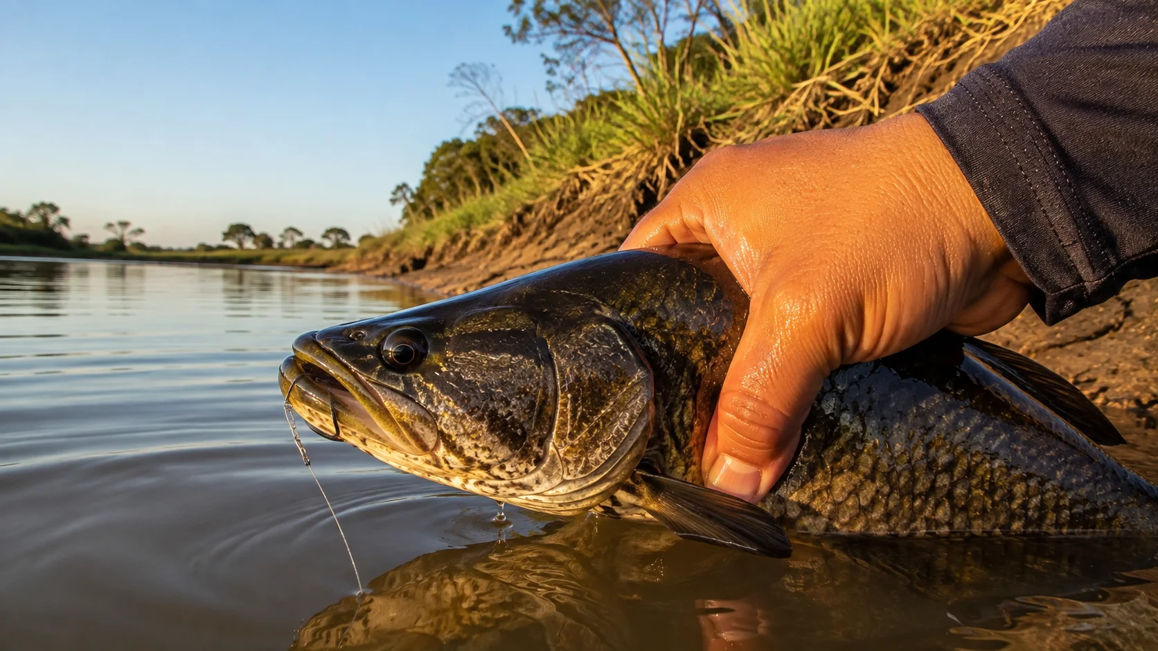 Anzol médio fisgado no canto da boca de uma traíra segurada rente à água doce