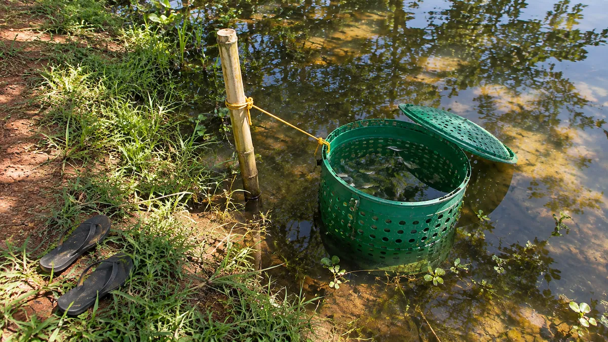 Viveiro flutuante com lambaris vivos amarrado numa estaca de bambu na água rasa da margem de um açude