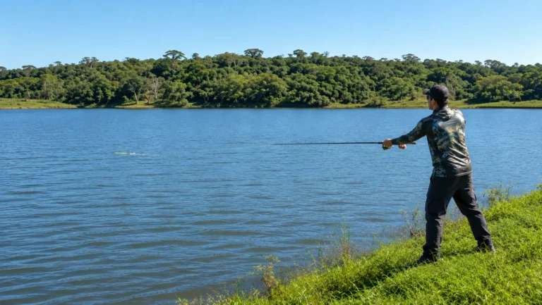 Pescador no fim do arremesso lateral com carretilha à beira de um lago de água doce, isca saindo baixa sobre a água