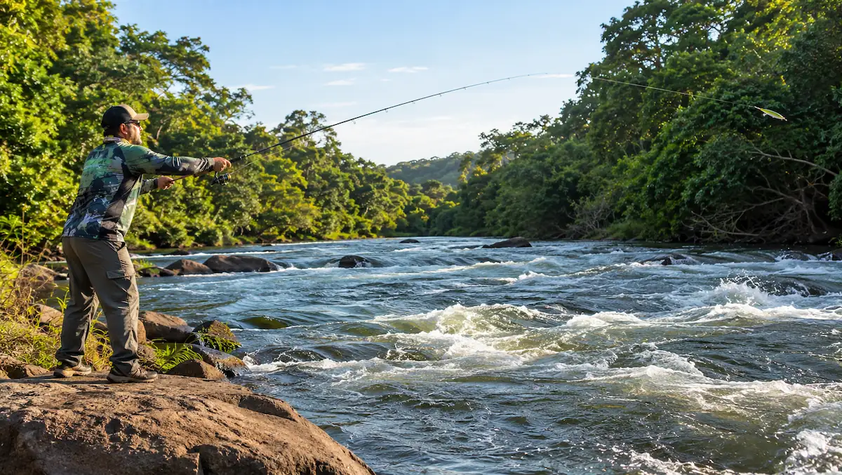 Como pescar dourado: pescador lançando isca em corredeira de rio de água doce