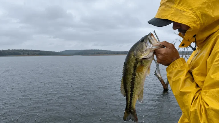 Pescador de capa de chuva segurando um black bass pela mandíbula inferior sob garoa, na margem de uma represa com galhada seca