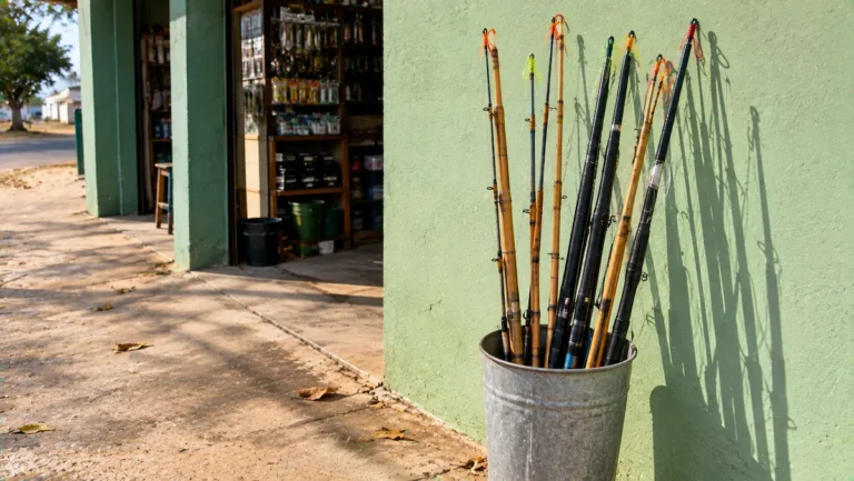 Varas de bambu e telescópicas em pé num balde de lata na calçada de uma loja de pesca, com cabrestos coloridos pendurados nas pontas