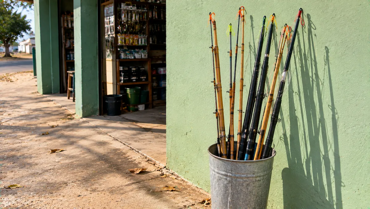 Varas de bambu e telescópicas em pé num balde de lata na calçada de uma loja de pesca, com cabrestos coloridos pendurados nas pontas