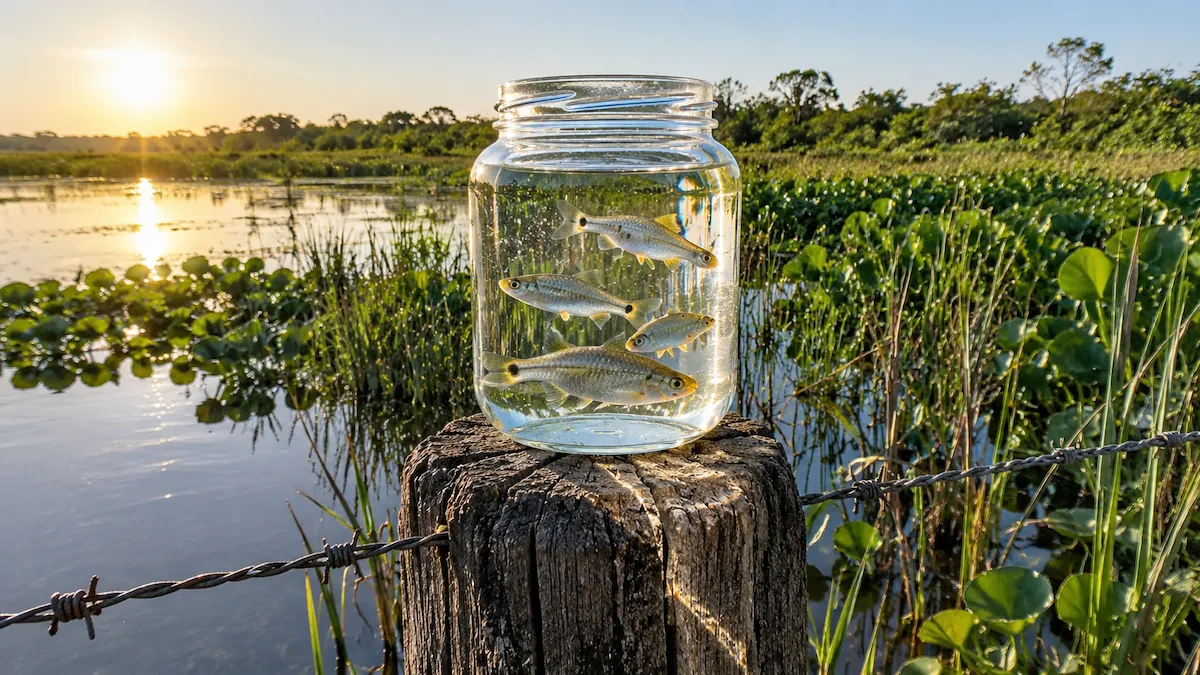 Qual a melhor isca natural para traíra: lambaris vivos num pote de vidro sobre o mourão de uma cerca à beira do brejo