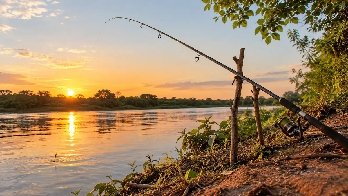Vara de pesca montada apoiada num suporte de galhos na beira do rio, pronta para pescar