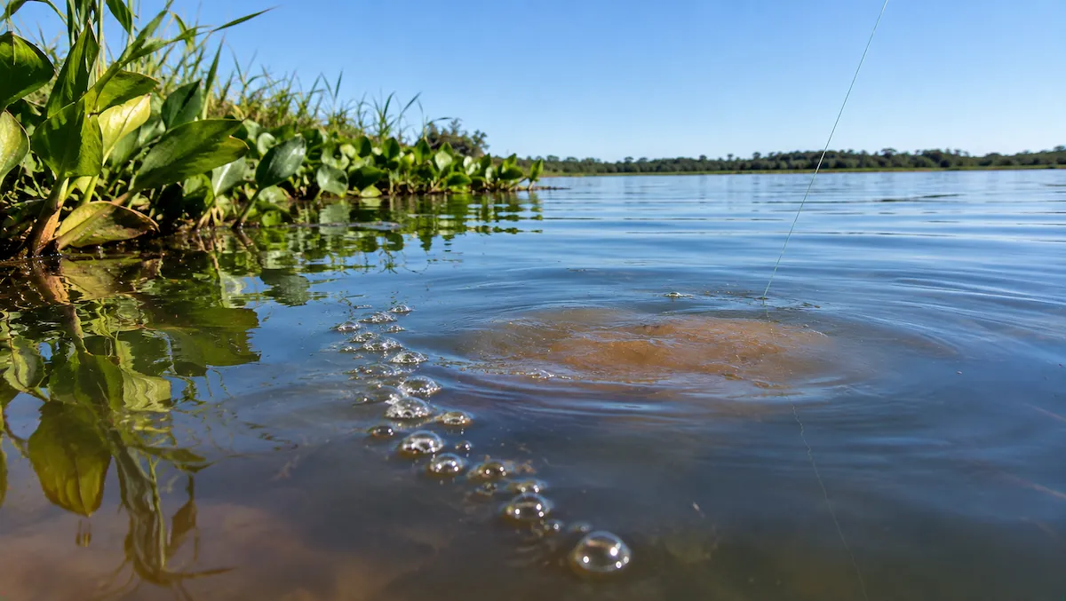 Bolhas subindo em fileira ao lado de uma mancha de água turva na represa, sinal de carpa fuçando o fundo