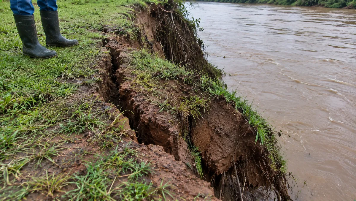 Rachadura no topo de um barranco de terra à beira do rio, com um par de botinas paradas na grama firme alguns passos atrás