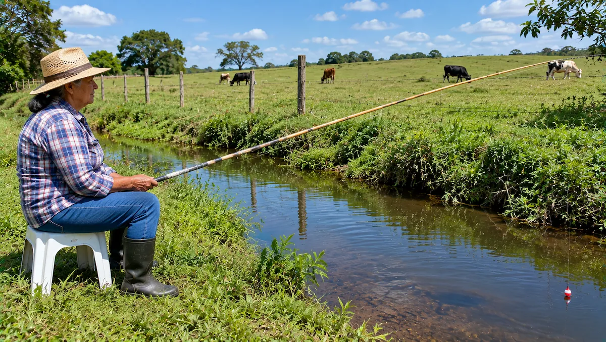 Senhora de chapéu de palha pescando com vara de bambu num córrego de pasto, com a boia parada perto da margem