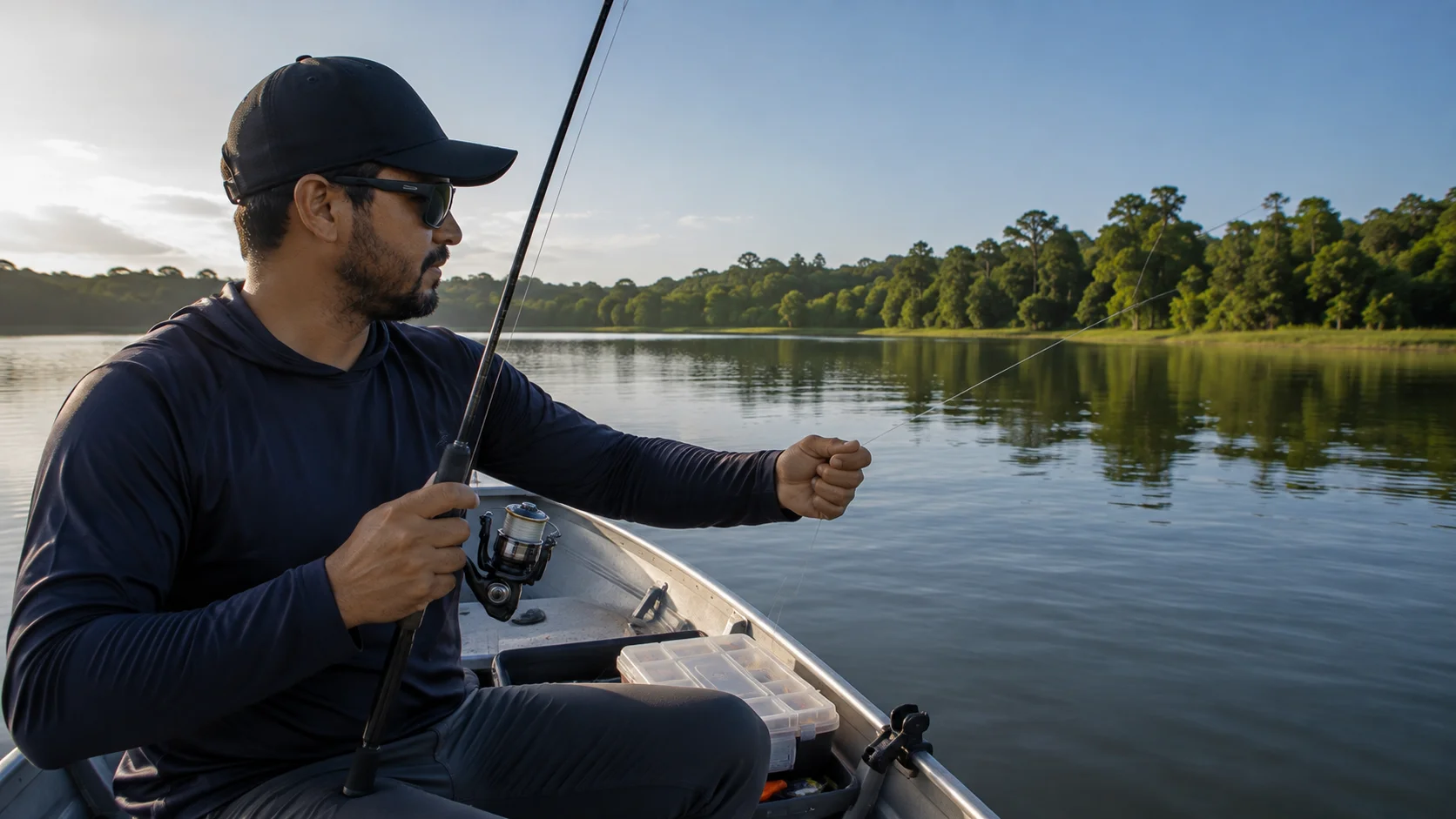 Pescador testando o drag de um molinete antes de decidir qual marca comprar