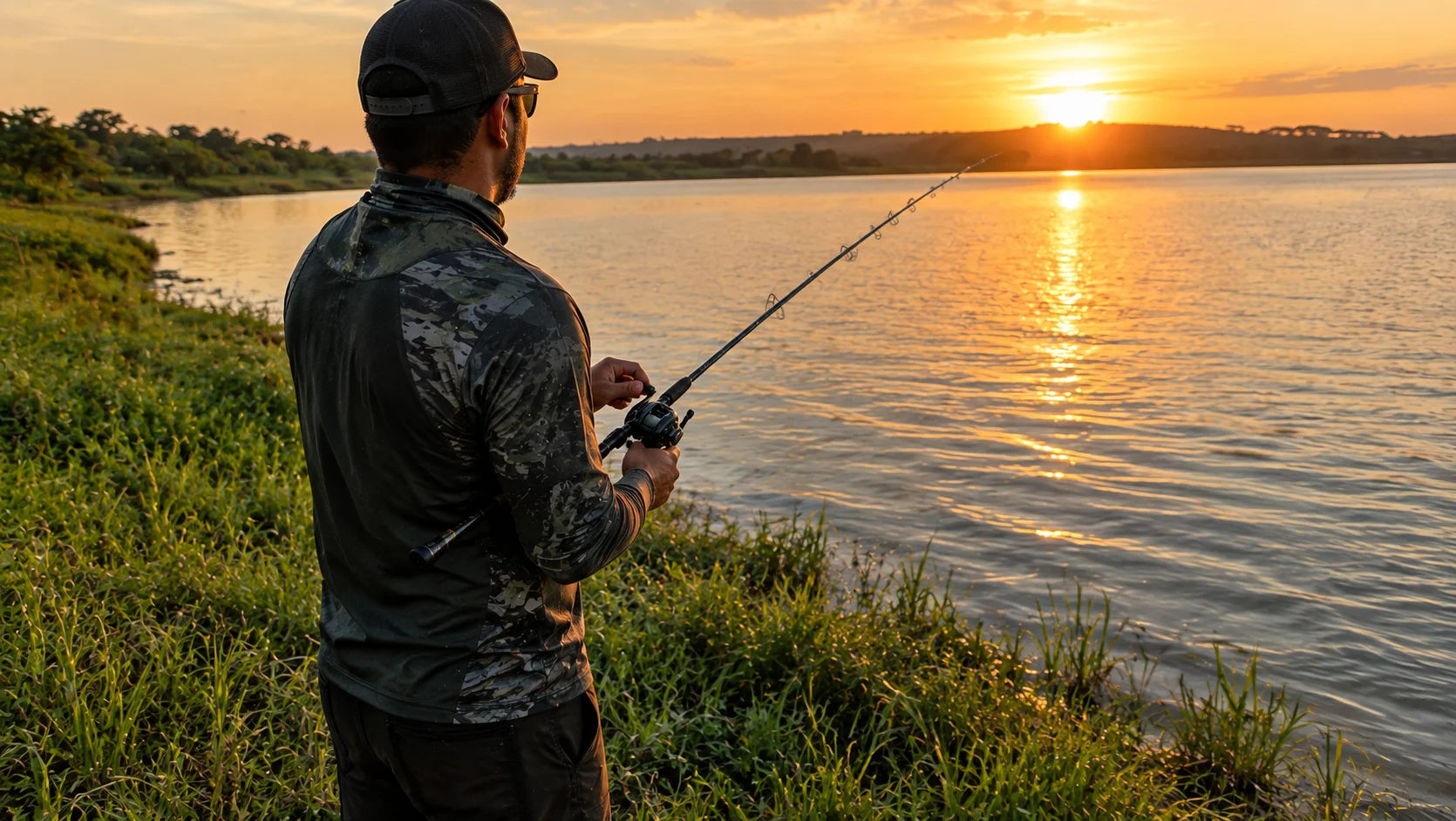 Pescador visto por tras com a mao na manivela da carretilha de perfil baixo, pescando na margem de uma represa de agua doce ao entardecer
