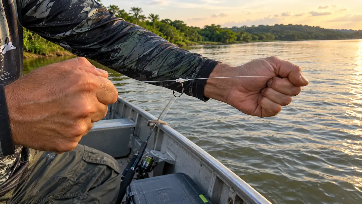 Mãos de pescador puxando a linha amarrada no anzol para testar a resistência do nó