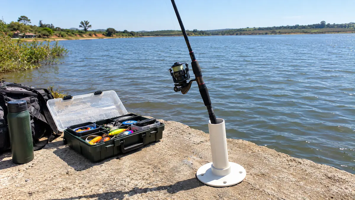 Suporte portátil de PVC apoiado numa laje de concreto segurando a vara de pesca
