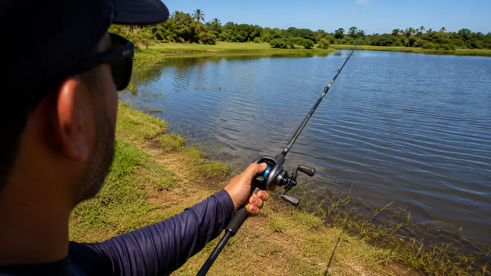 Como usar carretilha de pesca: polegar sobre o carretel visto por cima do ombro no arremesso