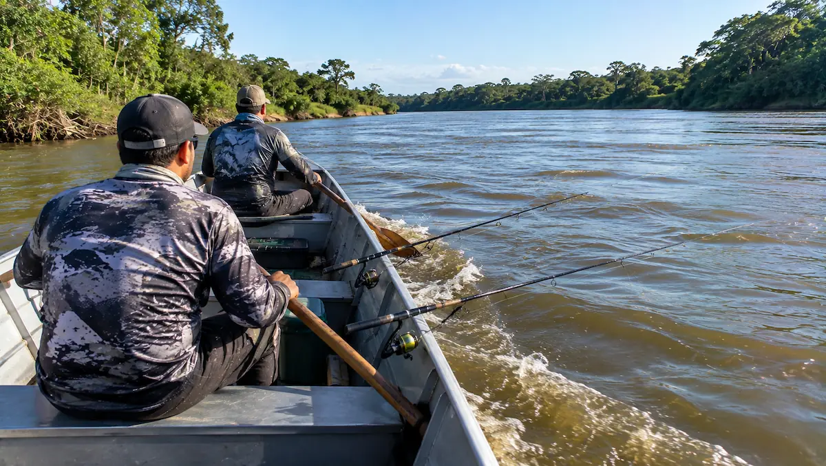 Pescadores em canoa fazendo pesca de corrico para dourado em rio de água doce