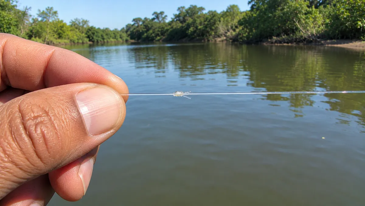 Nó de correr para pesca já amarrado e travado numa linha fina, pronto para travar a boia corrediça
