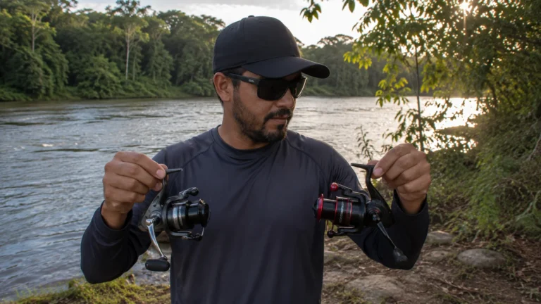 Pescador brasileiro comparando um molinete Shimano e um molinete Daiwa, as duas marcas mais tradicionais, na margem de um rio