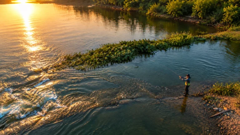 Vista aérea de pescador lendo a estrutura de um rio de água doce antes de arremessar isca artificial