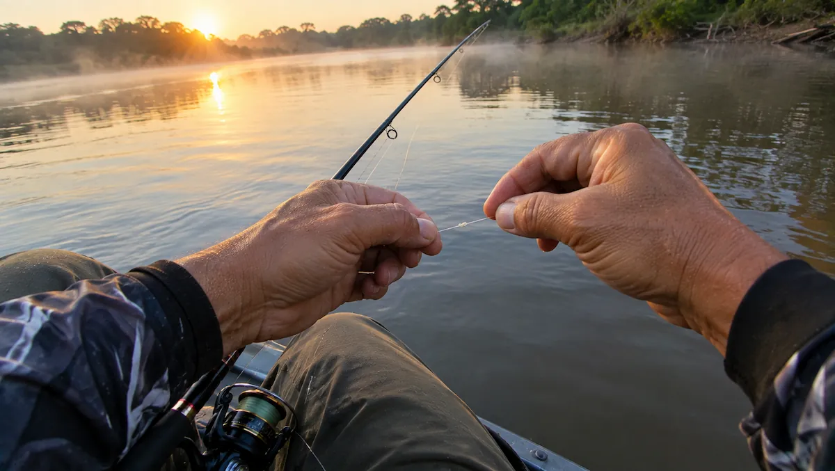 Pescador reposicionando o nó de correr na linha para ajustar a profundidade da boia