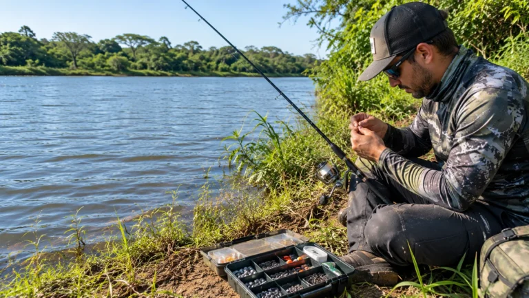 Pescador montando o terminal da linha do molinete na beira de um rio de água doce