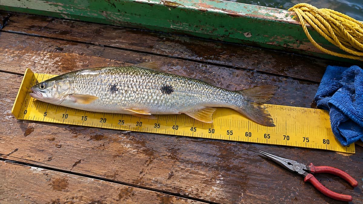 Como pescar piapara: piapara de flanco prateado com manchas escuras deitada sobre uma régua de medição amarela no assoalho de um barco