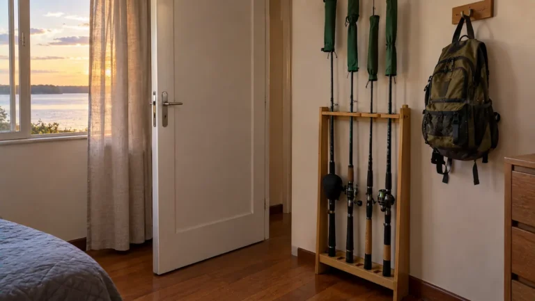 Varas de pesca em pé num suporte de parede atrás da porta de um quarto, com capas nas ponteiras e no molinete