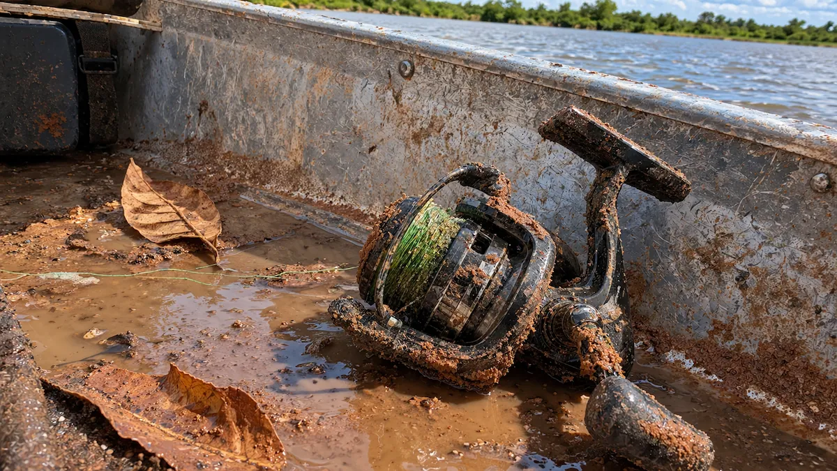 Como limpar molinete: arco e roller cobertos de barro seco e areia no fundo de um barco de alumínio