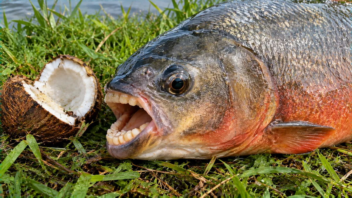 Como pescar pacu: boca aberta do pacu com os dentes largos de moer, ao lado de um coquinho partido sobre a grama molhada