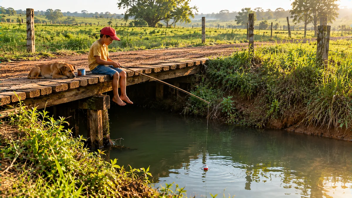 Como pescar lambari: menino com vara de bambu sentado numa ponte de fazenda, com a boia pequena parada no córrego embaixo