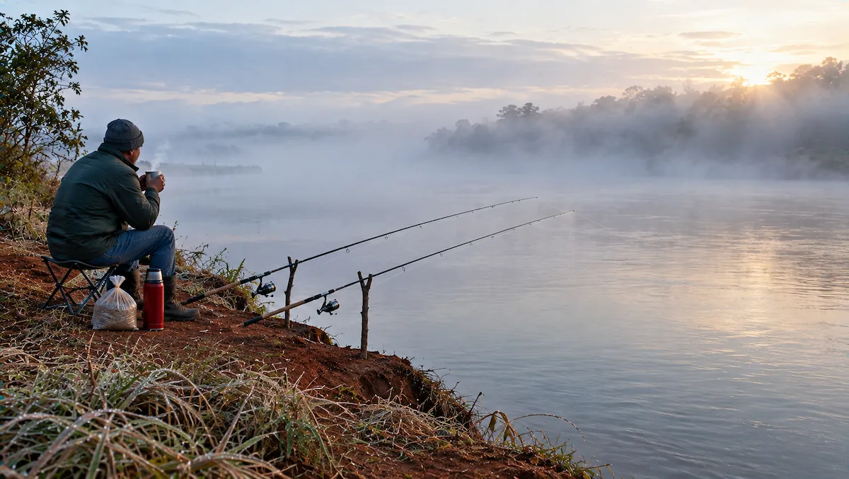 Como pescar curimba: pescador agasalhado na barranca de um rio com neblina, com duas varas de molinete apoiadas em forquilhas